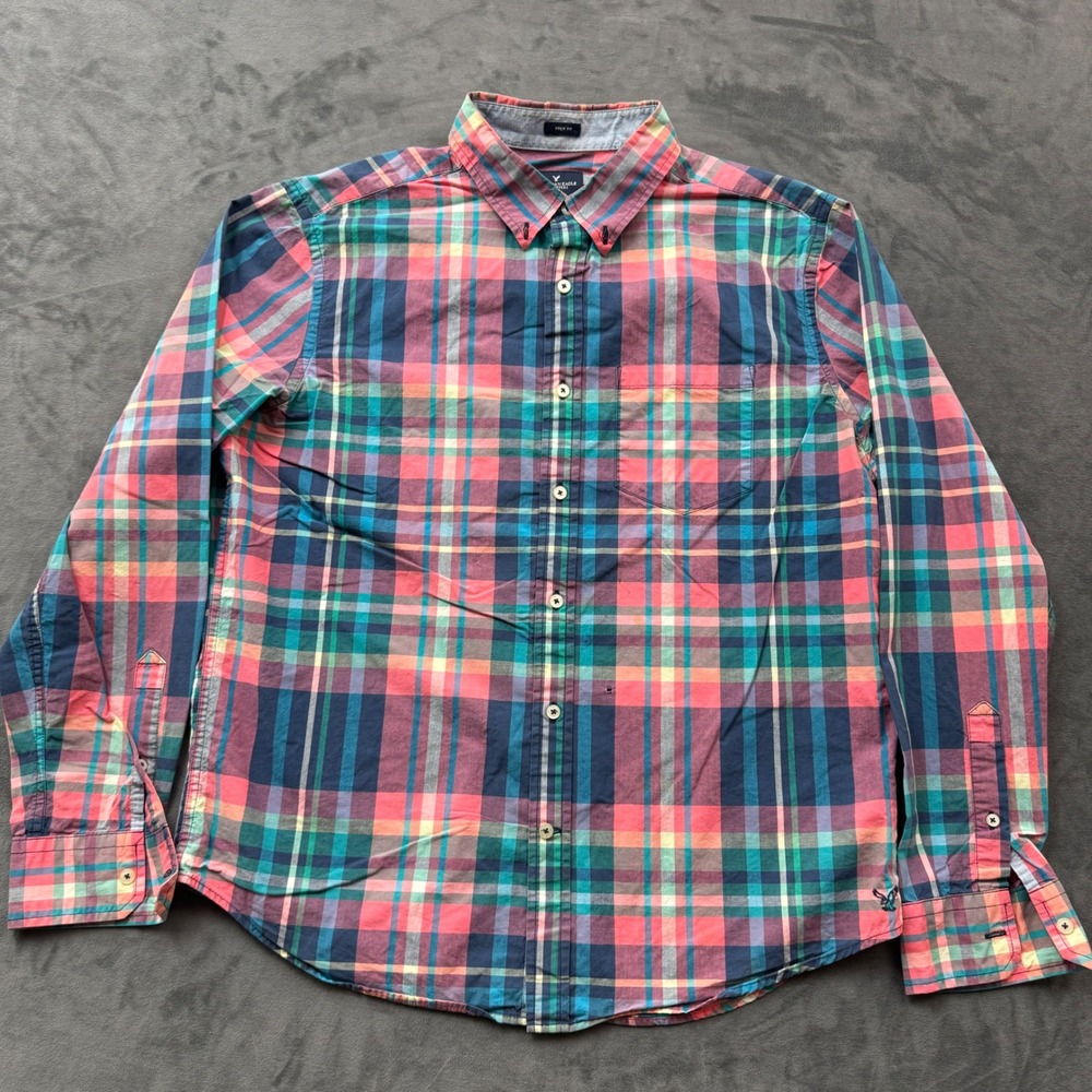 American Eagle Mens Prep Fit Plaid Button Down Shirt L Multicolor Long Sleeve